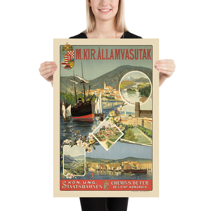 Rijeka Travel Poster: Fiume – Buccari – Zagreb by Royal Hungarian State Railways, 1890