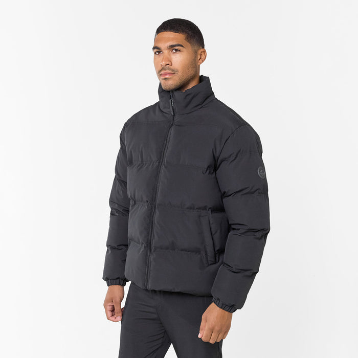 Men's Black Ripstop Funnel Puffer  Closure London  Front View