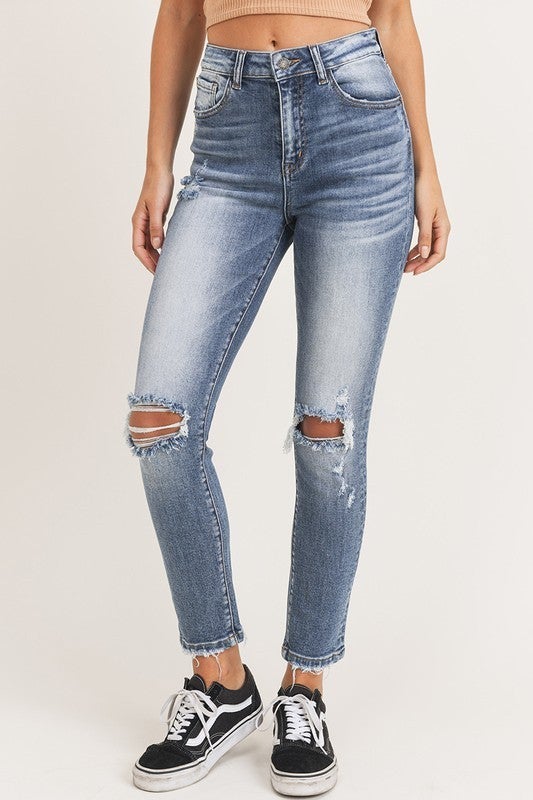 RISEN- High Rise Vintage Wash Skinny Jeans-RISEN-Featherandvine