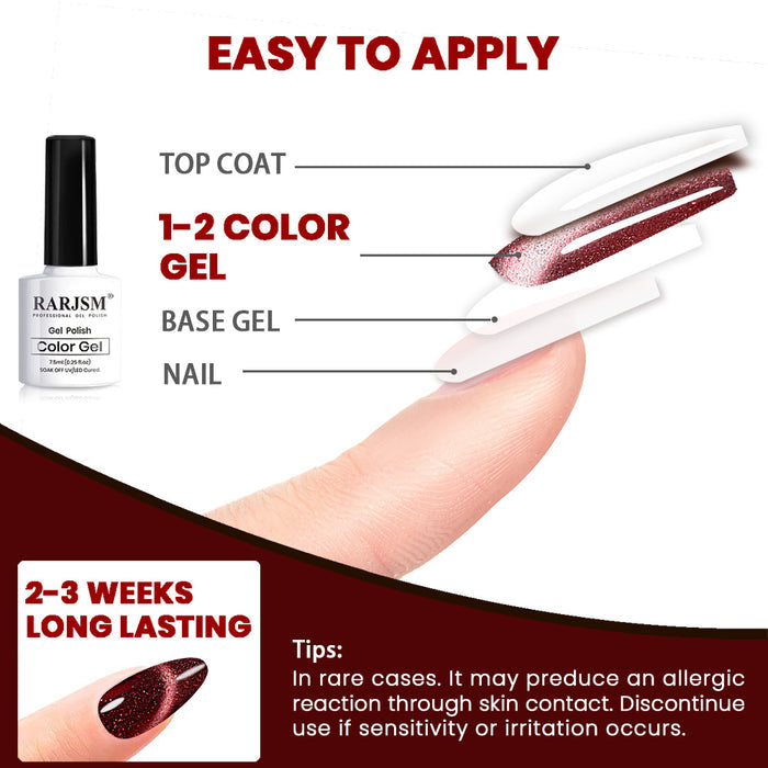 Shimmer cat eye gel polish application guide base coat color gel magnet tool top coat UV LED cure 2-3 weeks