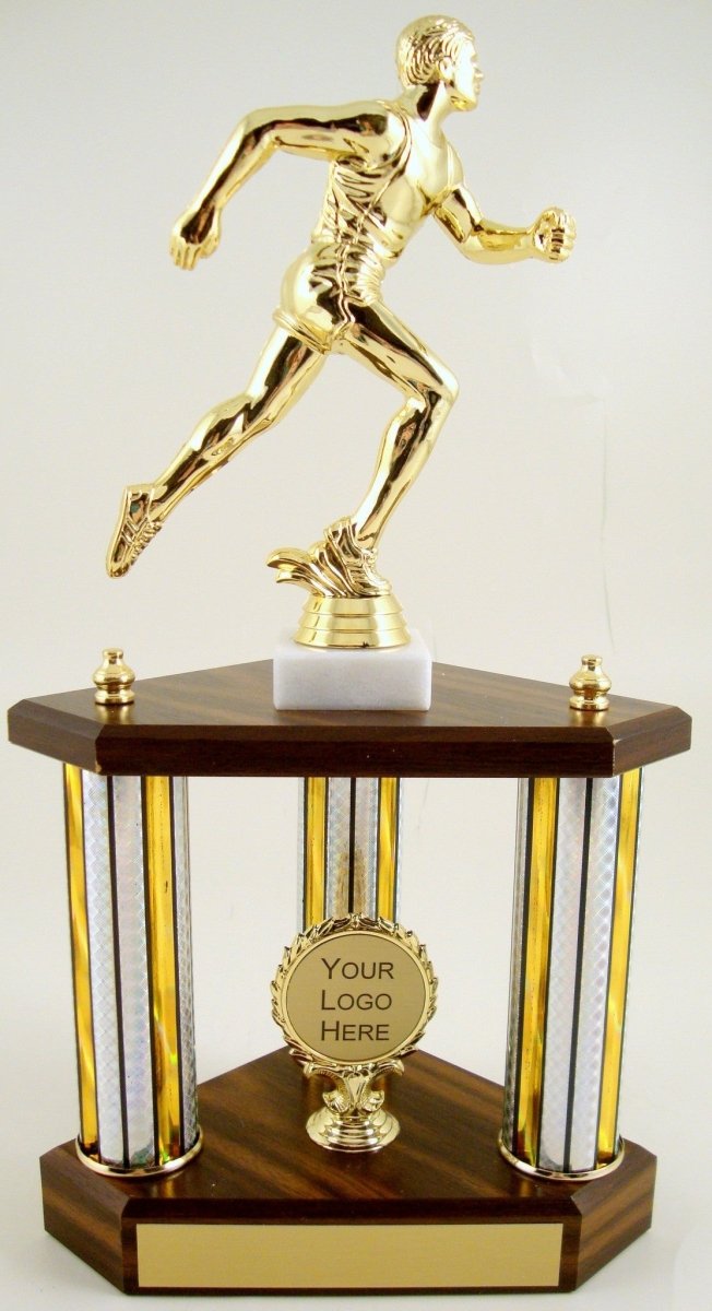 Small Three Column Trophy With Jumbo Runner Figure And Logo - Schoppy's Since 1921