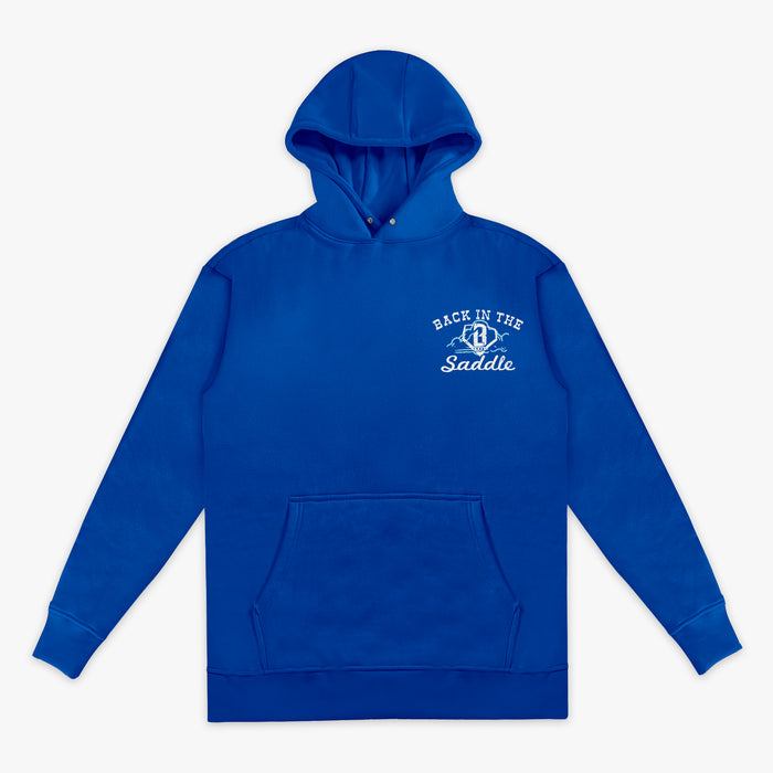 Blue hoodie with 'Back in the Saddle' logo on a white background