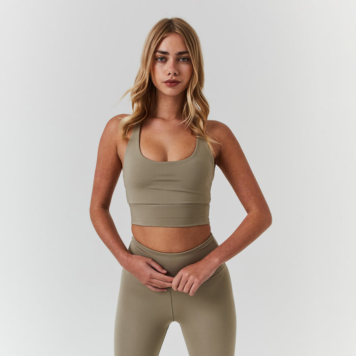Women's  Olive Second Skin Sports Bra  Closure London  Front View