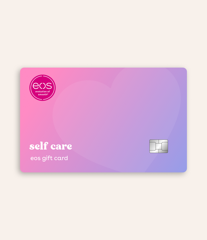 Gradient pink to purple gift card with 'eos' logo on a white background