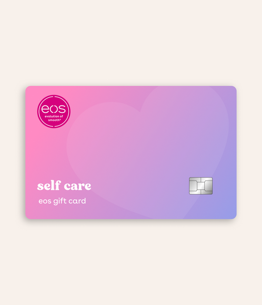 Gradient pink to purple gift card with 'eos' logo on a white background