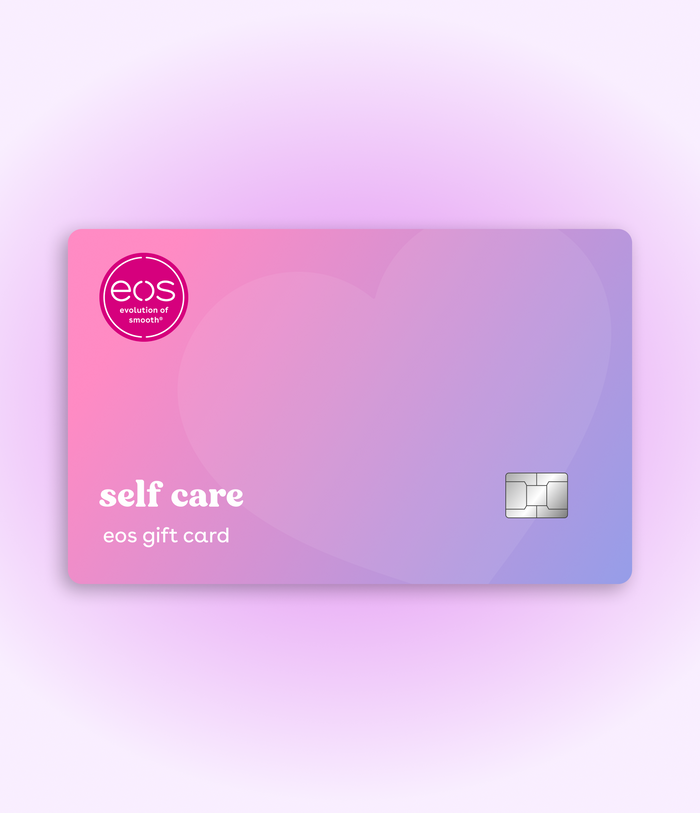 Gradient pink to blue gift card with 'eos' logo on a light purple background