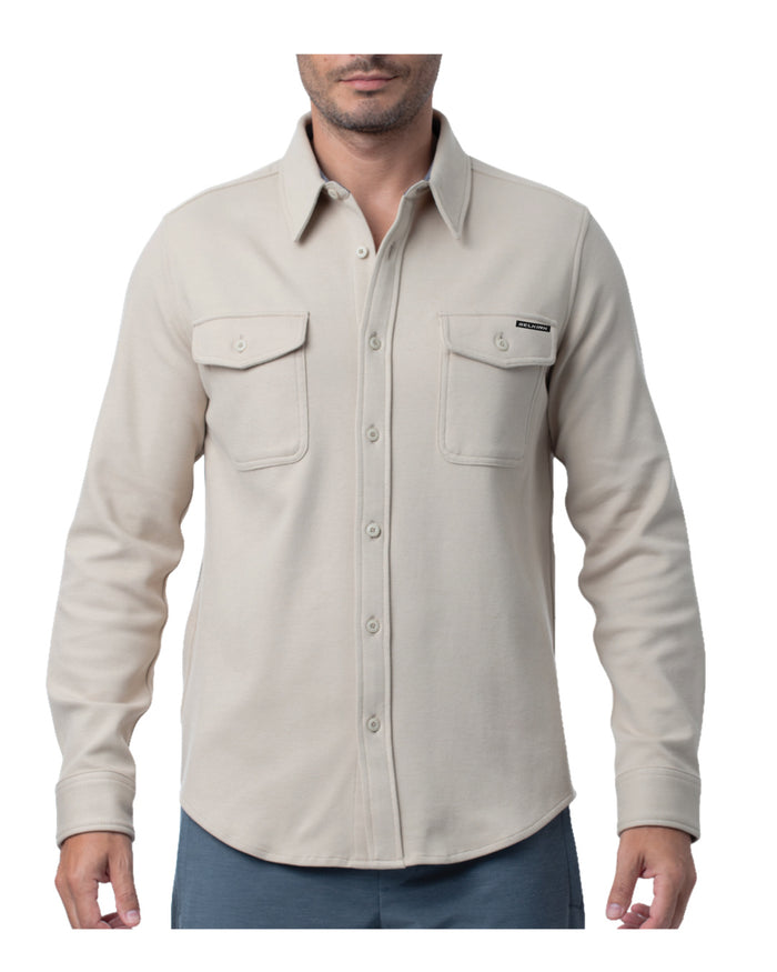Front of Selkirk Spring Owen Banks Button-Down Shirt with long sleeves, two chest flap pockets, and curved hem