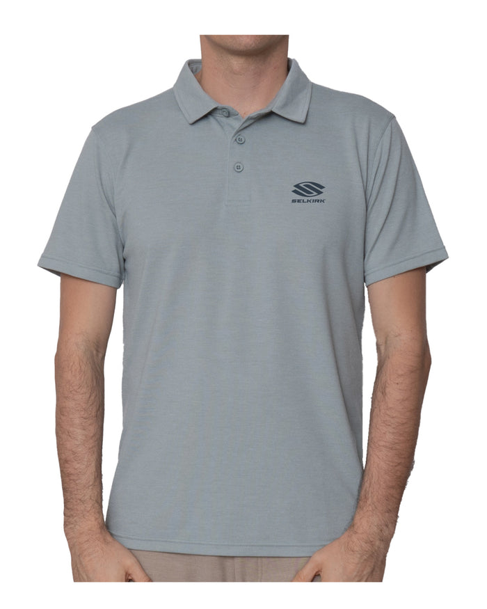 Men's light gray polo with three-button placket and SELKIRK logo on left chest.