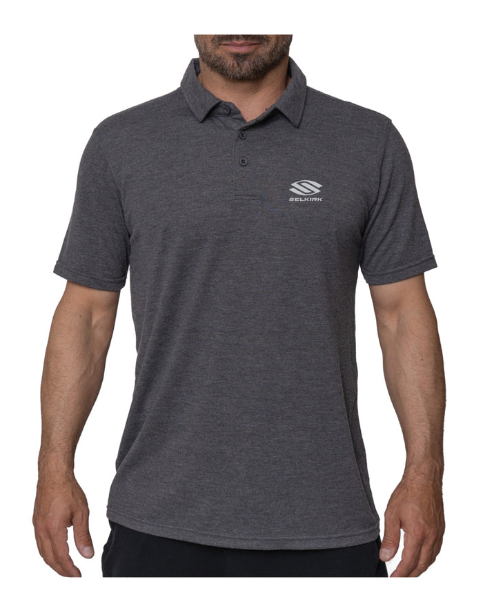 Front view of men's gray Selkirk Pickleball polo shirt with short sleeves, three-button placket, chest logo