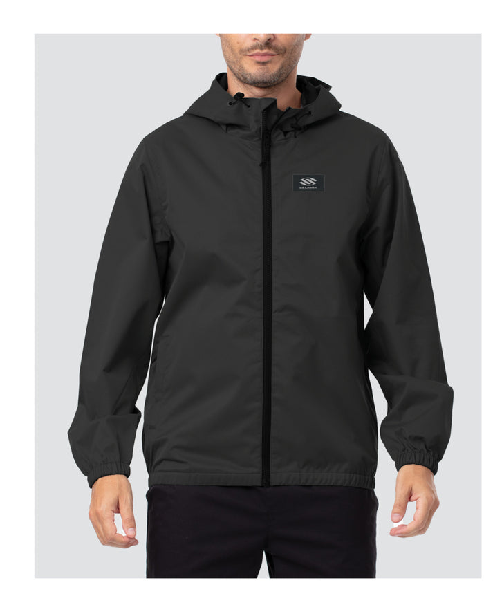 Front view of Selkirk Spring Owen Men’s Major Hooded Rain Jacket showcasing black hood, front zipper, and elastic cuffs on a model