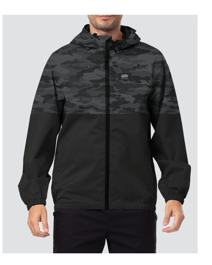 Black men's hooded windbreaker with gray camo upper panel, front zipper, elastic cuffs, and small rectangular chest logo