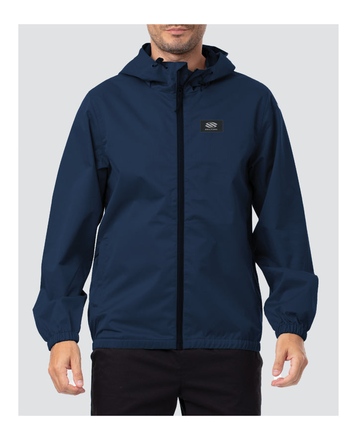 Men's navy hooded windbreaker jacket with full front zip and small rectangular chest logo patch