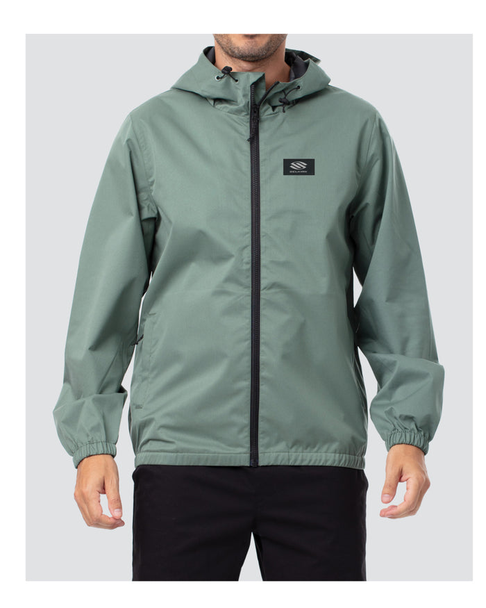 Green hooded lightweight rain jacket with black center zipper, elastic cuffs and small chest logo patch.