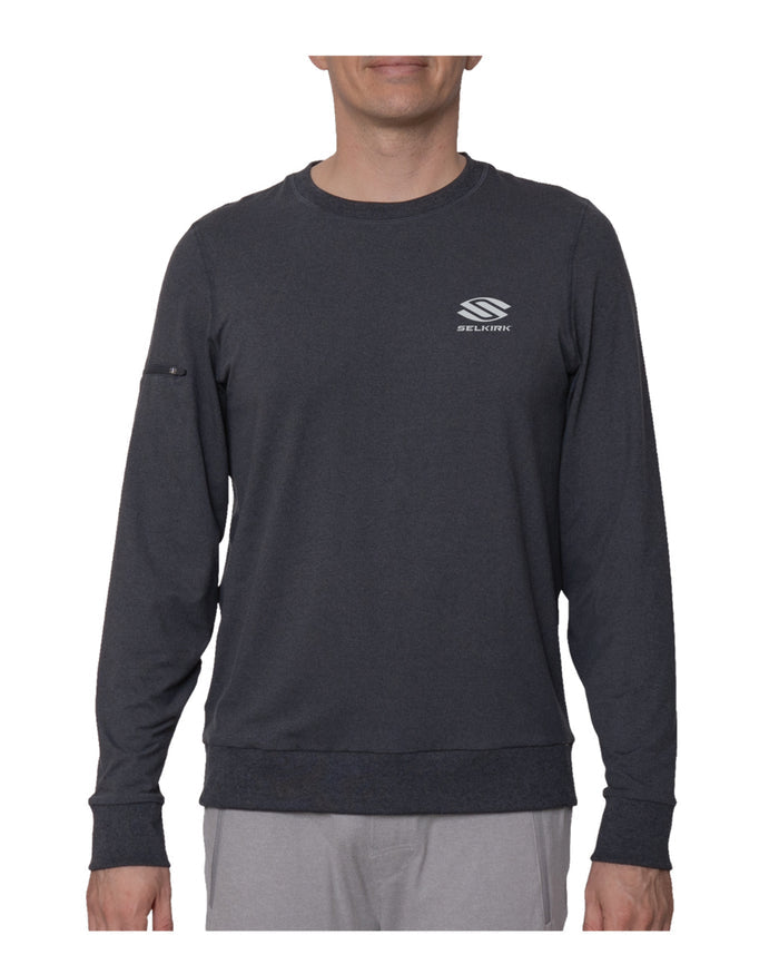 Front view of Selkirk Spring Owen Rafa shirt showing dark gray long sleeves, logo, and sleeve zip pocket on white