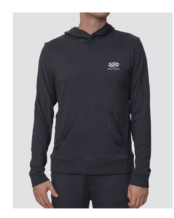 Men's charcoal lightweight hoodie with front kangaroo pocket and SELKIRK logo on left chest.