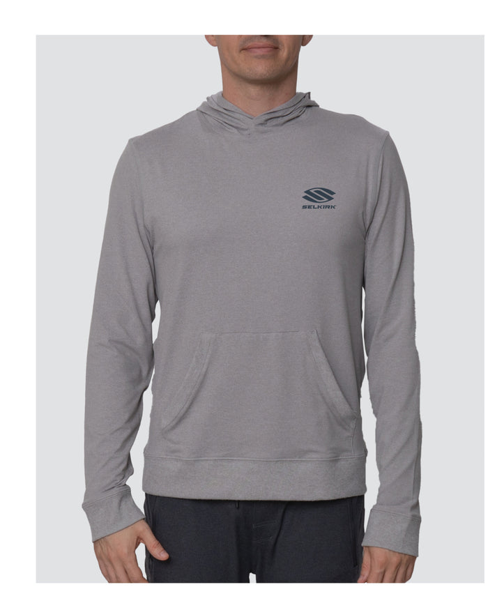 Men's light-gray pullover hoodie with hood, kangaroo pocket, long sleeves and small navy left-chest logo