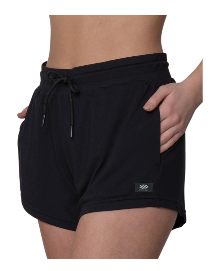 Front view of black Selkirk Spring Owen Women’s Ziggy Lightweight Pickleball Lounge Shorts with side pocket and drawstring
