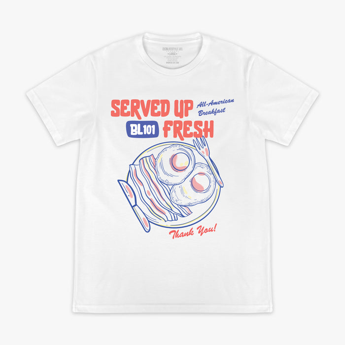 White t-shirt with a bacon and egg graphic and 'Served Up BL101 Fresh' text on a white background