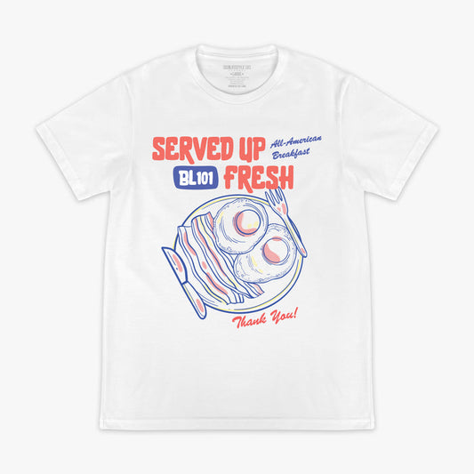 White t-shirt with a bacon and egg graphic and 'Served Up BL101 Fresh' text on a white background