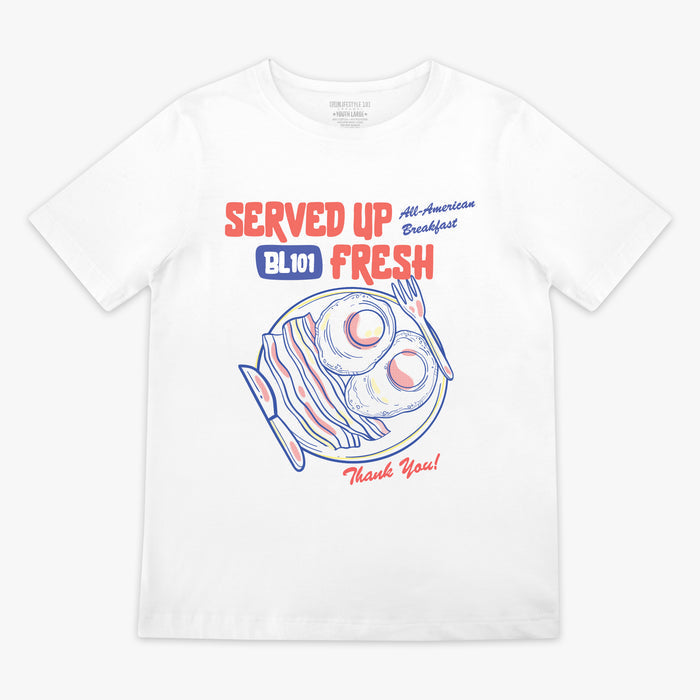 White t-shirt with a bacon and egg graphic and 'Served Up BL101 Fresh' text on a white background