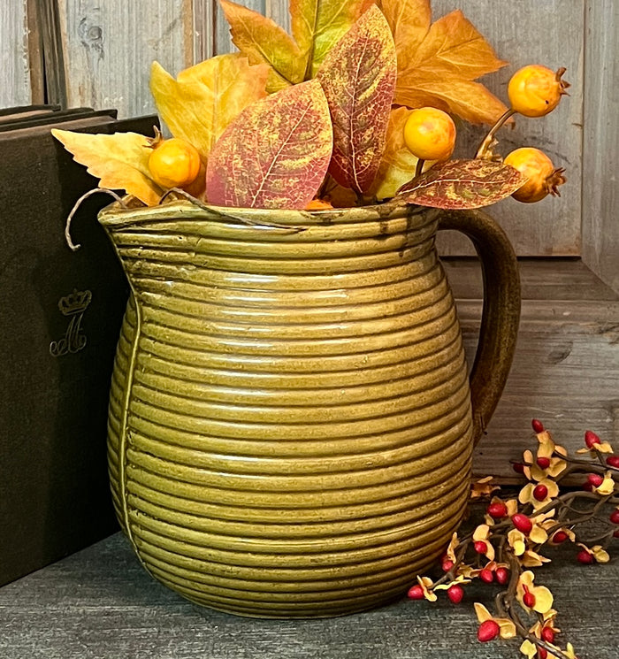 SF-08 Mustard Pottery Ribbed "Beehive" Pitcher