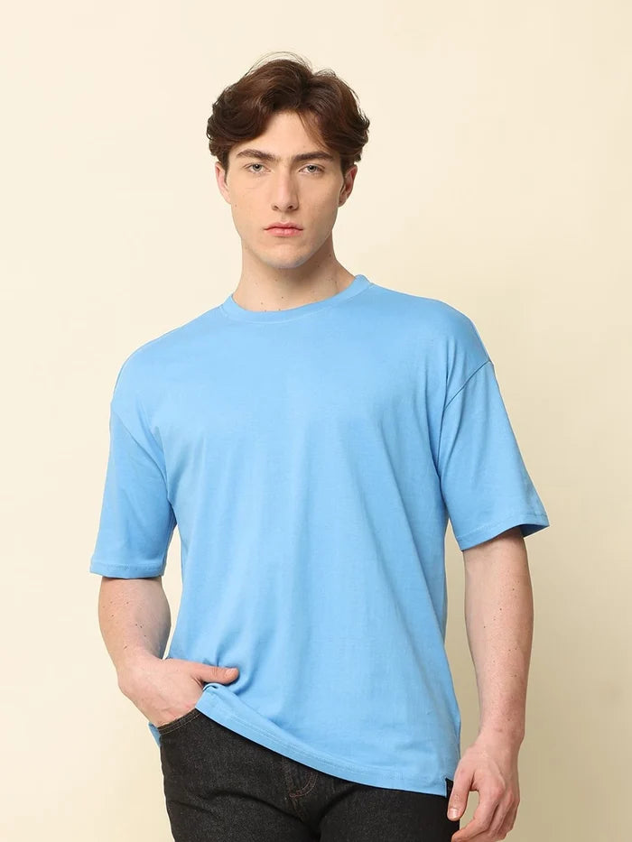 Silisoul Blue Oversized Fit Cotton Short Sleeves Round Neck T-Shirt