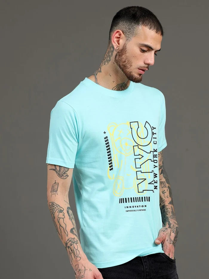 Silisoul Blue Regular Fit Typography Print Pure Cotton T-Shirt