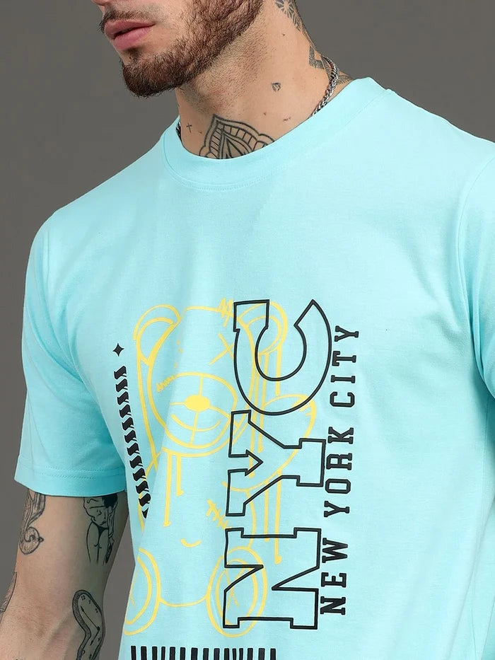 Silisoul Blue Regular Fit Typography Print Pure Cotton T-Shirt