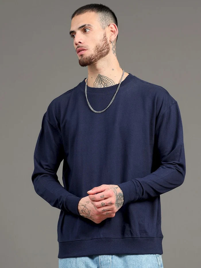 Silisoul Navy Blue Cotton Long Sleeves Round Neck Sweatshirt