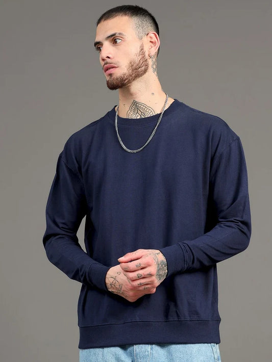 Silisoul Navy Blue Cotton Long Sleeves Round Neck Sweatshirt