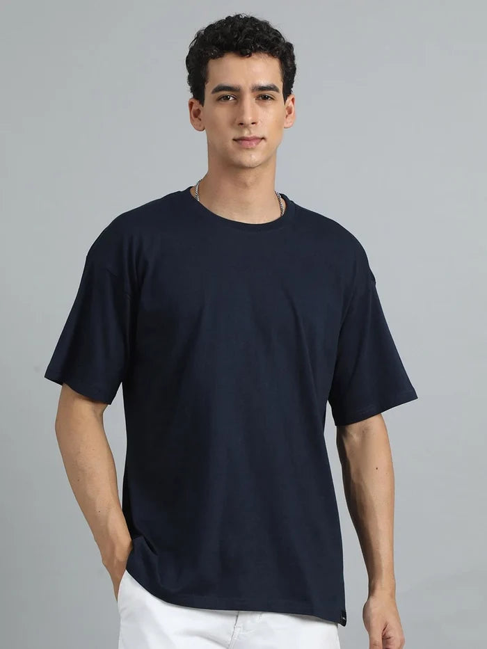 Silisoul Navy Blue Oversized Fit Pure Cotton Short Sleeves T-Shirt