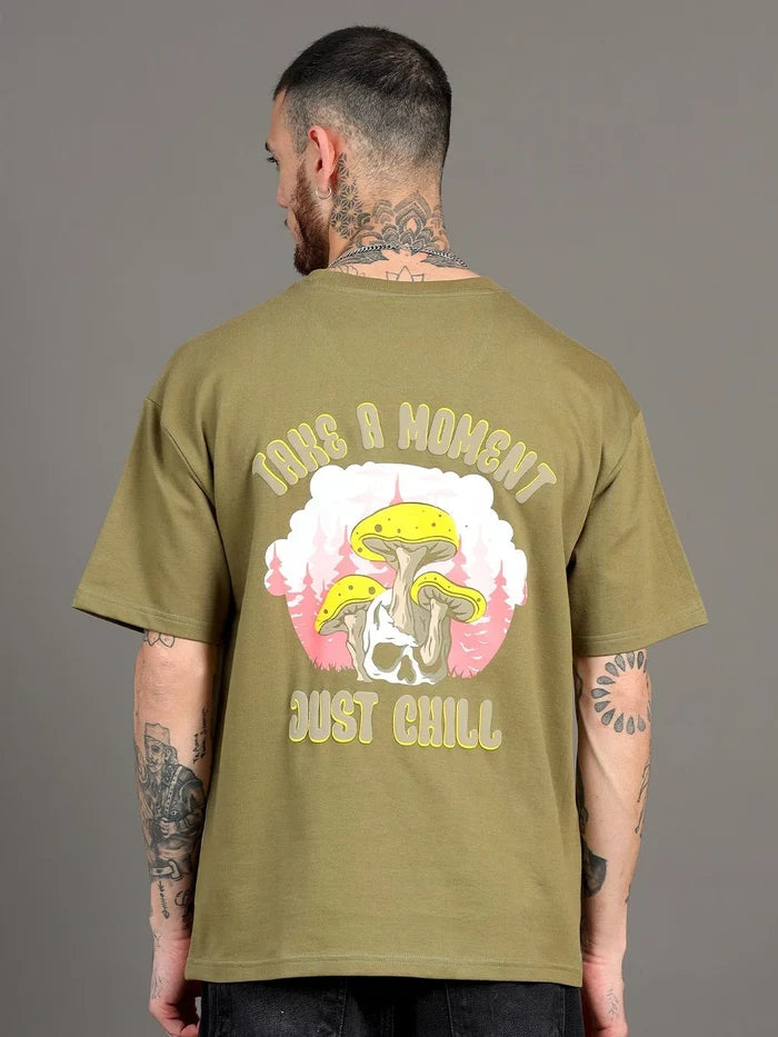 Silisoul Olive Oversized Fit Graphic Print Pure Cotton T-Shirt