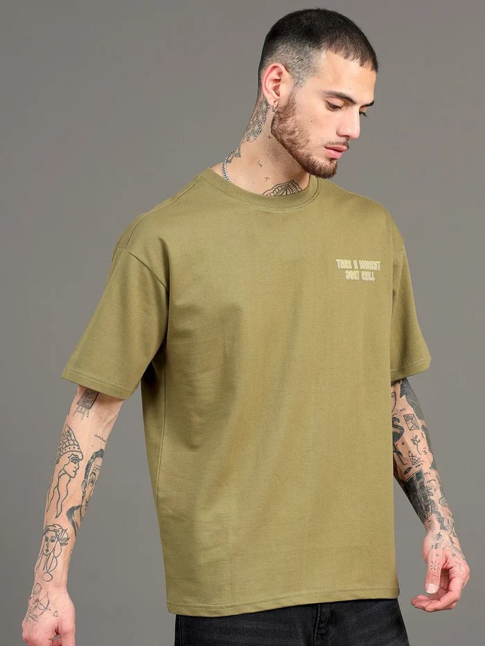 Silisoul Olive Oversized Fit Graphic Print Pure Cotton T-Shirt