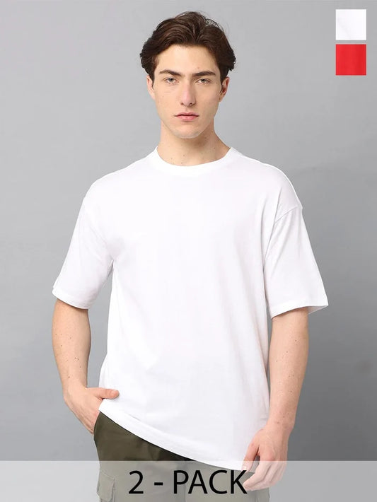 Silisoul Red Oversized Fit Cotton Short Sleeves Round Neck T-Shirt