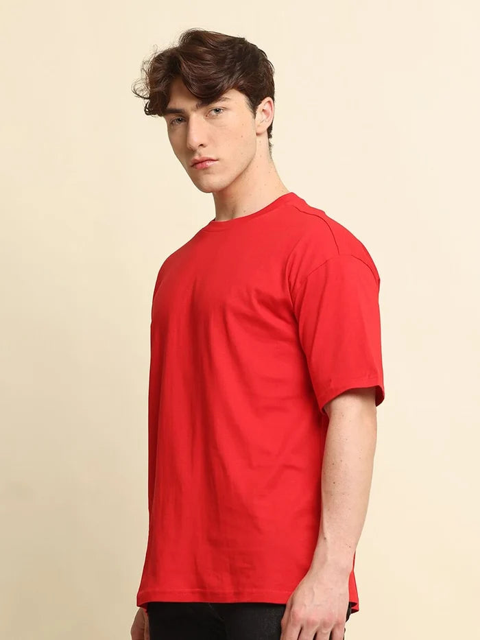 Silisoul Red Oversized Fit Pure Cotton Short Sleeves Round Neck T-Shirt