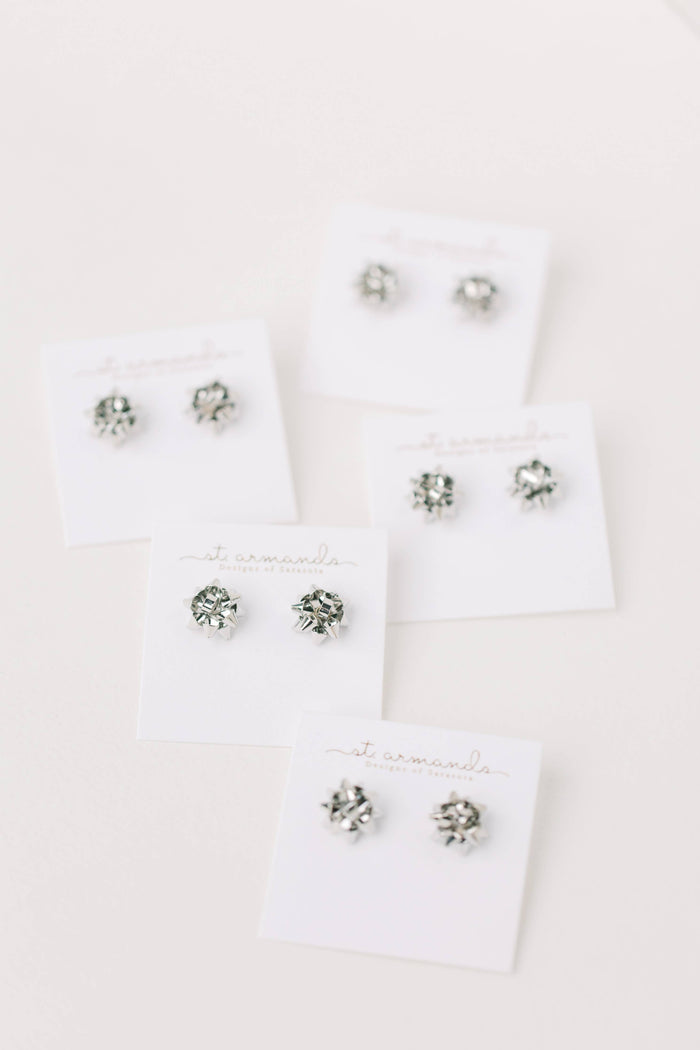 Silver Christmas Present Bow Holiday Earrings
