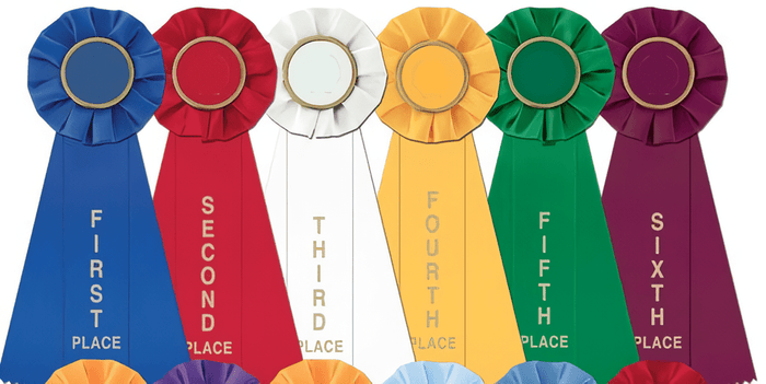 Six colorful rosette ribbons on a white background, labeled First Place through Sixth Place in blue, red, white, yellow, green, and purple.