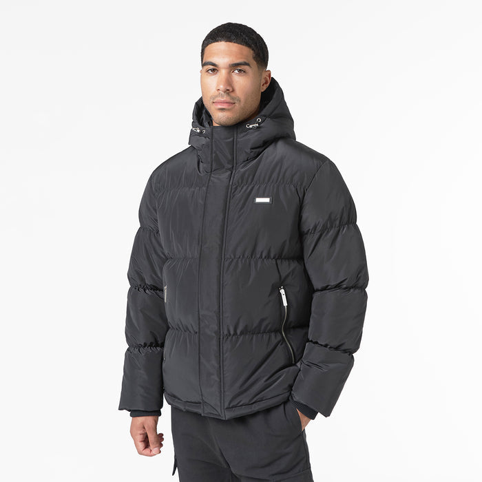 Men's  Black Smart Crinkle Nylon Puffer Jacket  Closure London  Front View