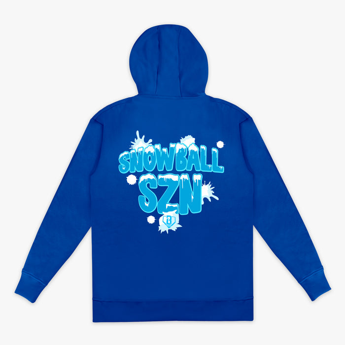 Blue hoodie with 'SNOWBALL SZN' text on the back against a white background