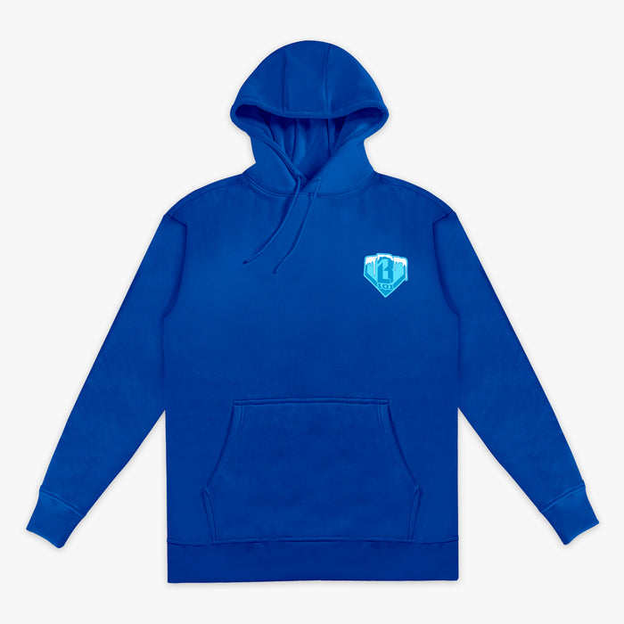 Blue hoodie with a Bl101 logo on the chest against a white background