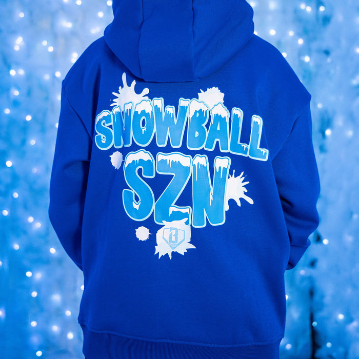 Blue hoodie with 'SNOWBALL SZN' text against a blue light background