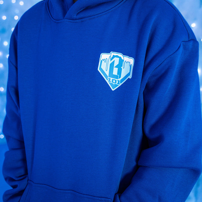Blue hoodie with a frosted BL101 logo on the chest against a blue background