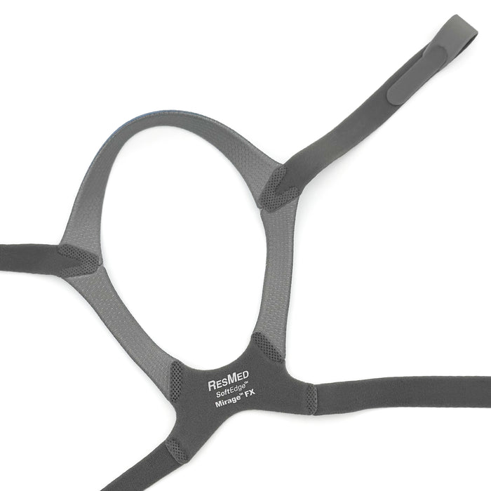 Gray headgear with 'ResMed' branding on a white background