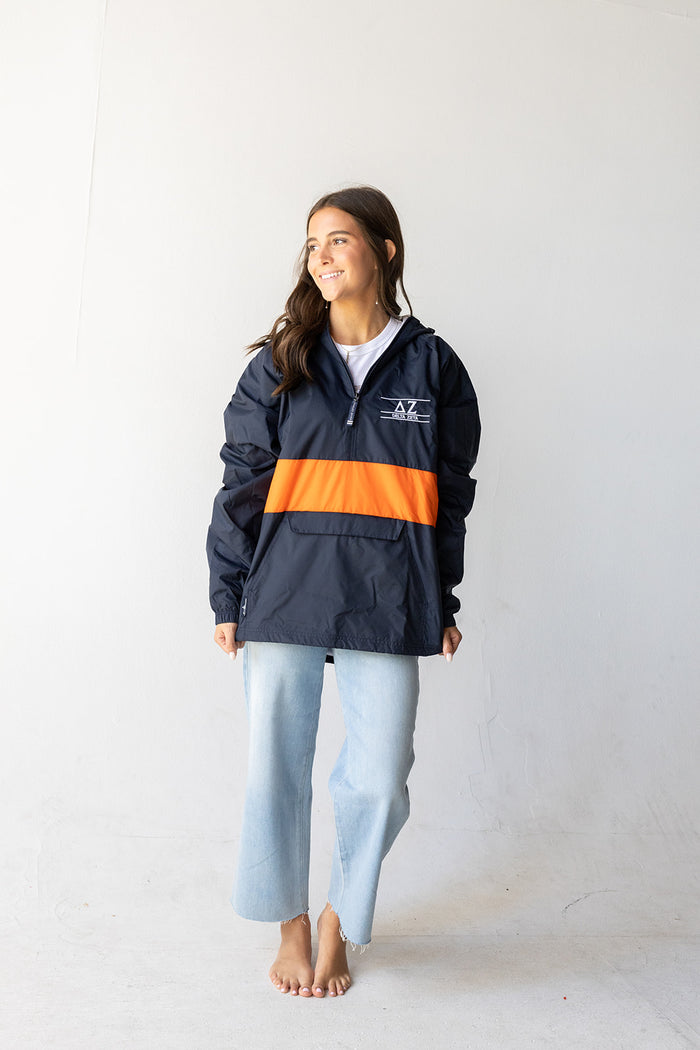 Sorority Rain Jacket in Navy/Orange Greek in at Wrapsody