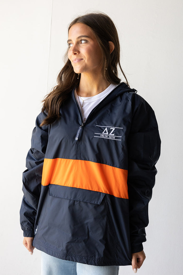 Sorority Rain Jacket in Navy/Orange Greek in at Wrapsody