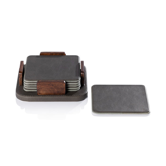 Sotto Leather with Burl Veneer Coaster Set - Cedar Green - Coasters by Carlyle Avenue