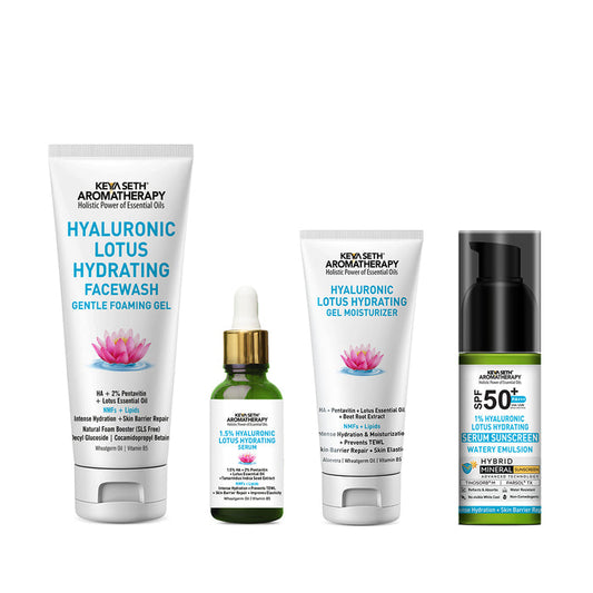 Spa Hydra Core Barrier Protect Kit - Lotus Hyaluronic Hydrating Skincare, Face Wash, Hydrating Serum, Gel Moisturizer & SPF 50 PA+++ Sunscreen for Intense Hydration - Keya Seth Aromatherapy