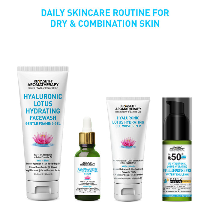 Spa Hydra Core Barrier Protect Kit - Lotus Hyaluronic Hydrating Skincare, Face Wash, Hydrating Serum, Gel Moisturizer & SPF 50 PA+++ Sunscreen for Intense Hydration - Keya Seth Aromatherapy