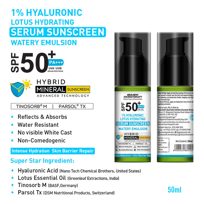 Spa Hydra Core Barrier Protect Kit - Lotus Hyaluronic Hydrating Skincare, Face Wash, Hydrating Serum, Gel Moisturizer & SPF 50 PA+++ Sunscreen for Intense Hydration - Keya Seth Aromatherapy