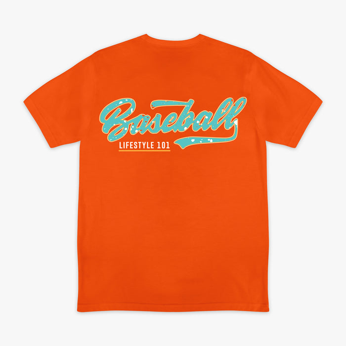 Orange t-shirt with teal 'Baseball Lifestyle 101' text on a white background